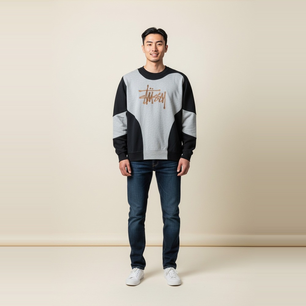 Stussy Mens Reworked Crewneck Sweatshirt Black Gray Colorblock Embroidered Logo